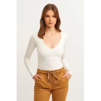 Bluza slim fit cu decolteu in V - Alb murdar -