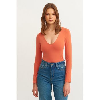 Bluza slim fit cu decolteu in V - Portocaliu mandarina -