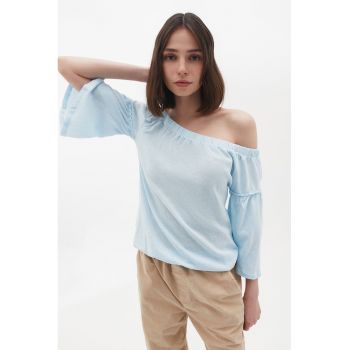 Bluza uni cu decolteu pe umeri - Albastru glaciar -