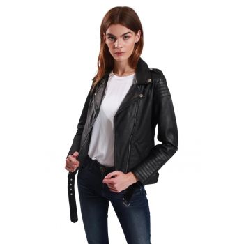 Jacheta de motociclist  piele de oaie naturala - neagra - cu guler clasic si fermoar la maneci -