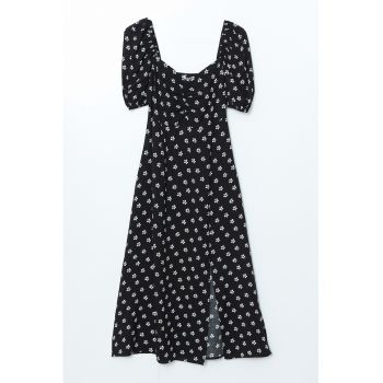 Rochie cu model floral si slit lateral
