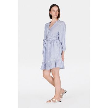 Rochie din amestec de in cu dungi si terminatii cu volane