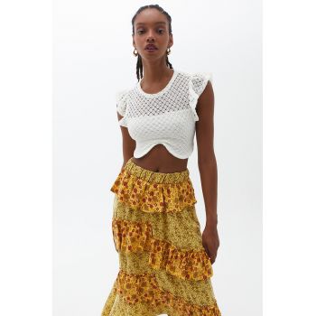 Top crop tricotat cu maneci cu volane