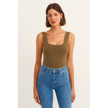 Top uni cu decolteu patrat - Kaki -