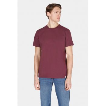 Tricou din bumbac cu model uni si decolteu la baza gatului