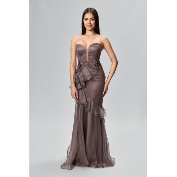 Rochie de ocazie premium cu dantela si volane Quintessa Maro