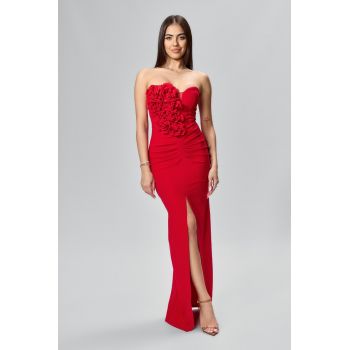 Rochie de ocazie premium cu flori 3D si crepeu Maranda Rosie