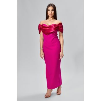 Rochie de ocazie premium cu maneci si volan peste bust din satin Sangria Ciclam