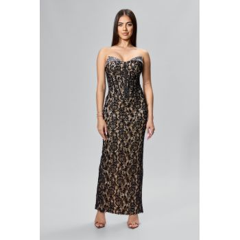 Rochie de ocazie premium din dantela cu strass-uri Fenya Neagra