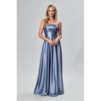 Rochie de ocazie premium din licra satinat cu umerii goi Bellarosa Indigo