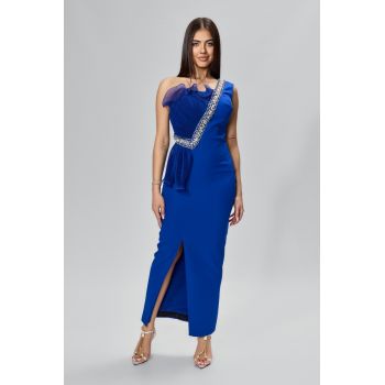 Rochie de ocazie premium tip one shoulder accesorizata cu strass-uri Allegoria Albastra