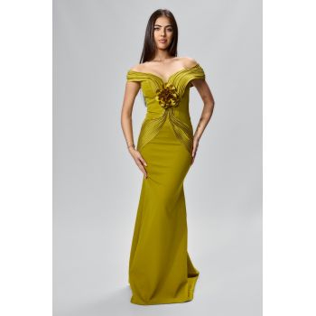 Rochie de ocazie premium tip sirena cu detalii 3D Cendria Fistic
