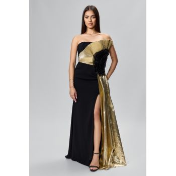 Rochie de ocazie premium tip sirena cu detalii aurii Fabiosa Neagra