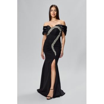 Rochie de ocazie premium tip sirena cu strass-uri si organza Santesa Neagra