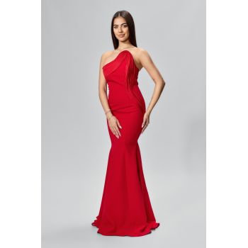 Rochie de ocazie premium tip sirena cu umerii goi Versay Rosie
