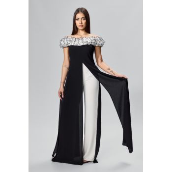 Salopeta de ocazie din voal cu bust accesorizat cu volane Stylish Bicolora