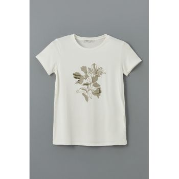 Tricou cu imprimeu floral si decolteu la baza gatului