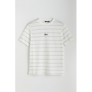Tricou cu imprimeu text si model in dungi
