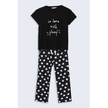 Pijama din bumbac cu imprimeu inima