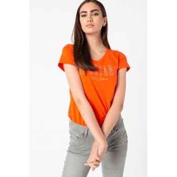 Tricou cu decolteu in V si logo contrastant Alexia