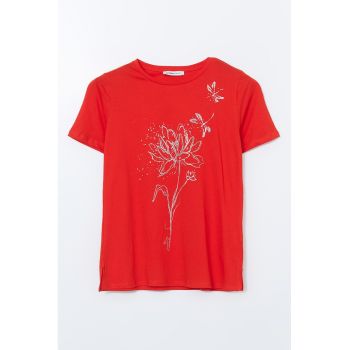 Tricou cu decolteu la baza gatului si imprimeu floral
