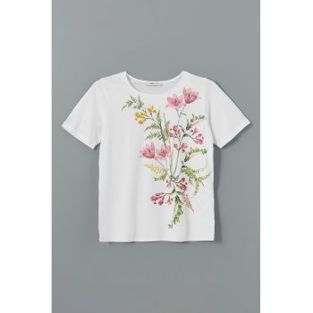Tricou cu decolteu rotund si model floral