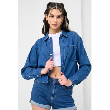 Camasa crop din denim cu buzunar pe piept
