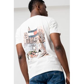 Tricou de bumbac cu imprimeu si decolteu la baza gatului