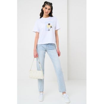 Tricou lejer cu imprimeu si decolteu la baza gatului