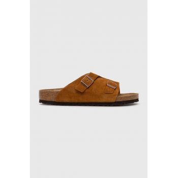 Birkenstock papuci din piele Zürich barbati, culoarea maro, 1023842