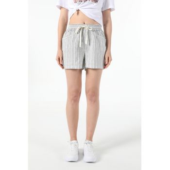 Pantaloni scurti din amestec de in cu talie inalta si model in dungi