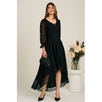 Rochie asimetrica neagra in clos din tull cu buline catifelate