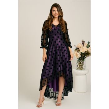 Rochie asimetrica neagra in clos din tull cu dublura mov si buline catifelate