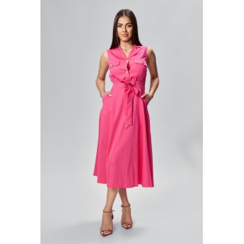 Rochie casual cu butoni aurii si funda in talie Trixie Ciclam