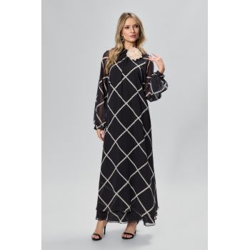 Rochie de ocazie din voal cu imprimeu si brosa tip floare Norlene Neagra