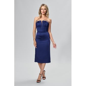 Rochie de ocazie premium din satin cu detalii 3D Pavia Bleumarin