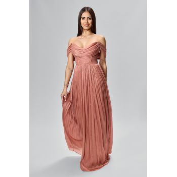Rochie de ocazie premium din voal satinat cu umerii goi Diafane Somon