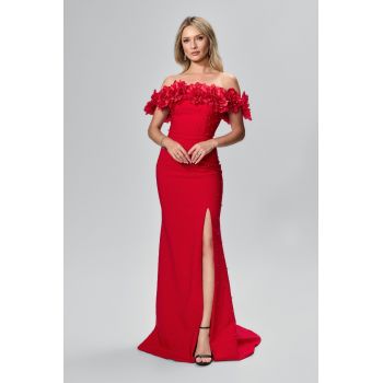 Rochie de ocazie premium tip sirena cu flori 3D si perlute Meralda Rosie