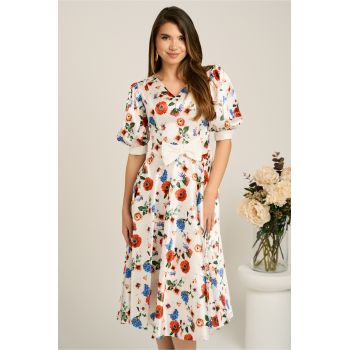 Rochie DY Fashion midi alba din satin in clos cu flori colorate si funda in talie