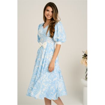 Rochie DY Fashion midi bleu din satin in clos cu print alb si funda in talie ieftina