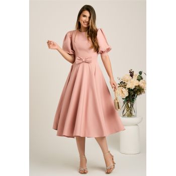 Rochie DY Fashion roz din stofa in clos cu funda in talie