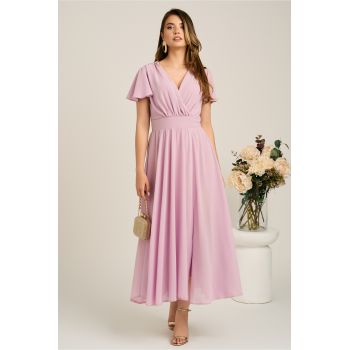 Rochie lunga roz din voal in clos cu glitter- Moze ieftina