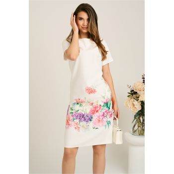 Rochie midi alba cu flori colorate din stofa cu croi drept