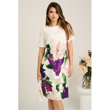 Rochie midi alba cu flori mov din stofa cu croi drept