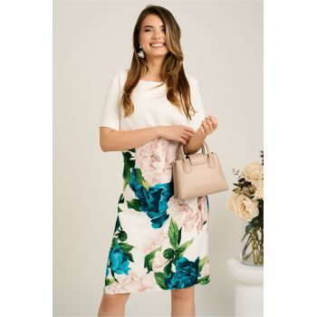 Rochie midi alba cu flori turcoaz din stofa cu croi drept