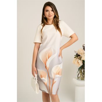 Rochie midi alba cu imprimeu gri si flori maro din stofa cu croi drept