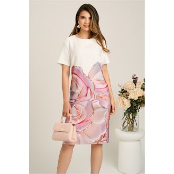 Rochie midi alba cu trandafiri maxi roz din stofa cu croi drept