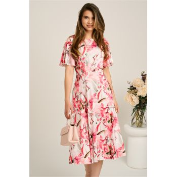 Rochie midi alba din viscoza in clos cu flori fucsia