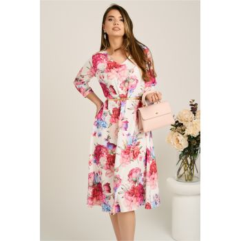 Rochie midi alba in clos din stofa cu flori fucsia si curea in talie