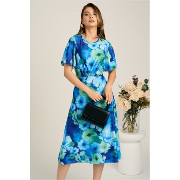 Rochie midi albastra din viscoza in clos cu flori verzi